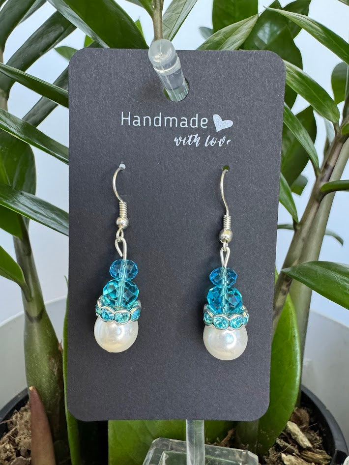 Blue and Pearl Glass Bead drop Earrings