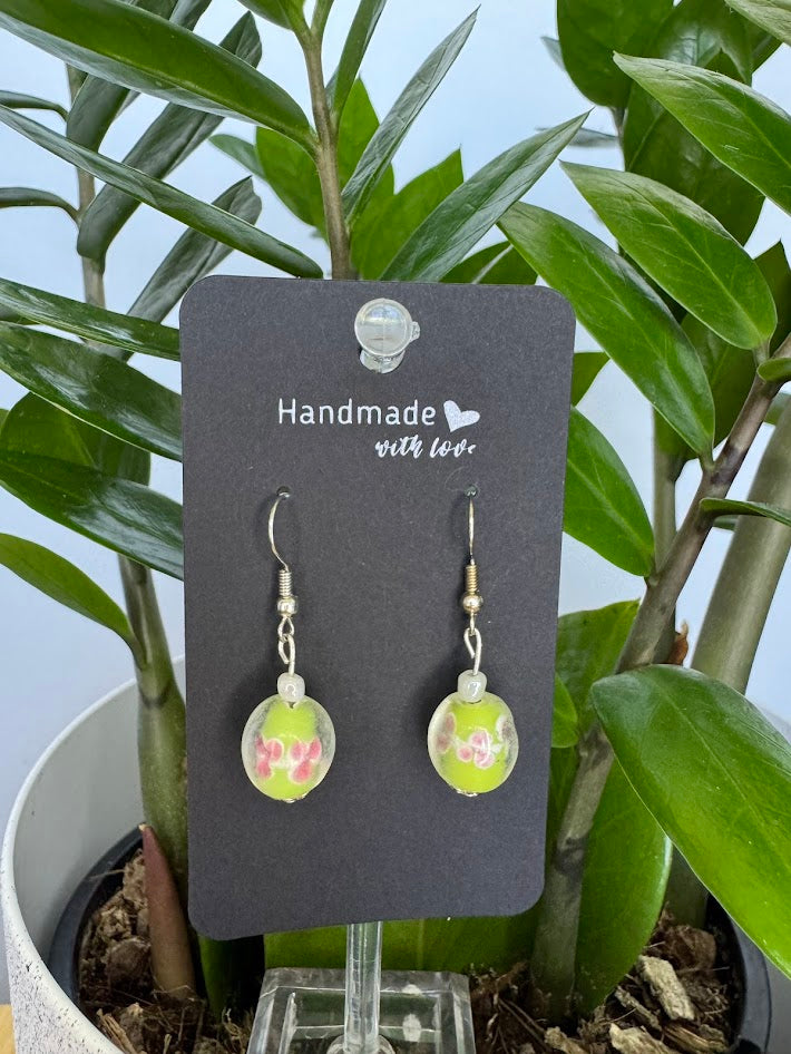 Green, pink and white lampwork bead Earrings