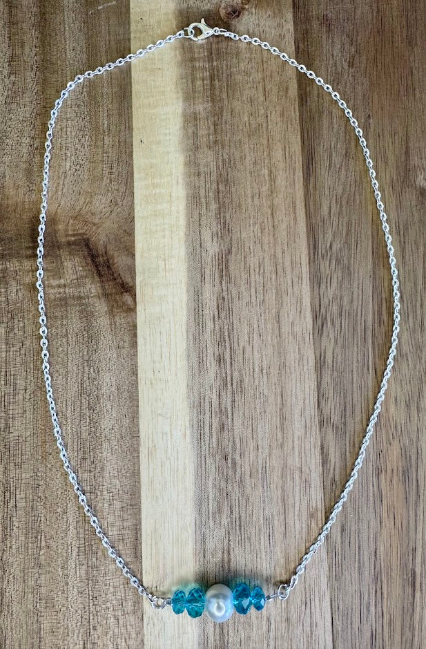 Pearl and Blue Glass Bead Necklace