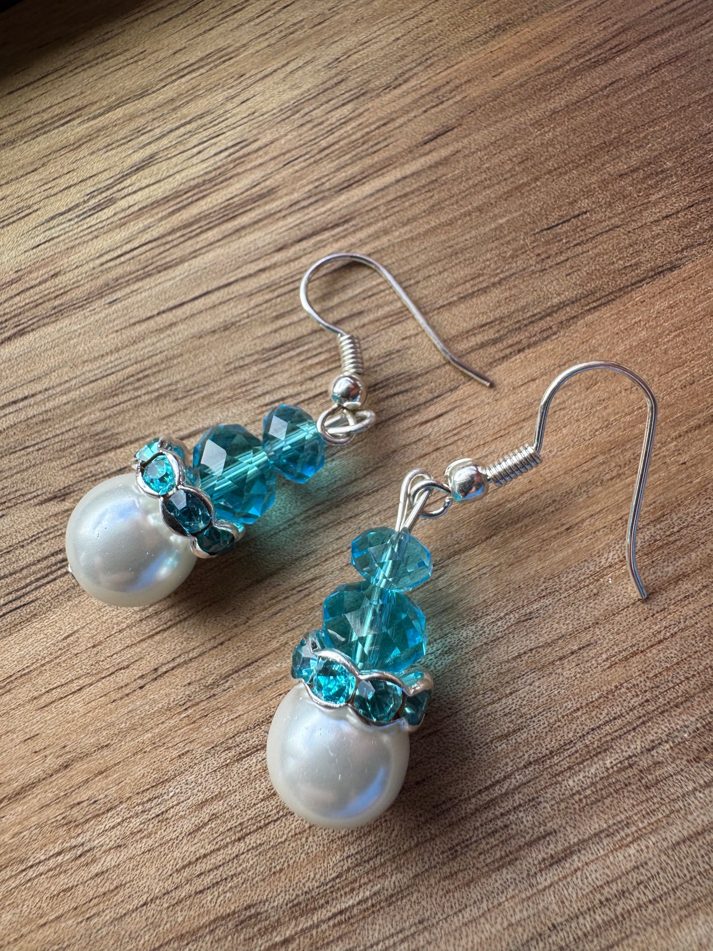 Blue and Pearl Glass Bead drop Earrings
