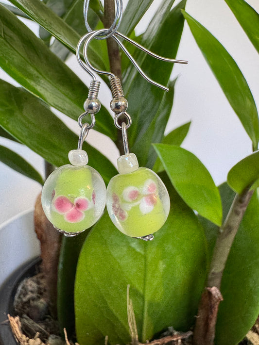 Green, pink and white lampwork bead Earrings