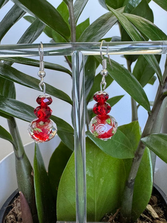 Red Rose lampwork drop Earrings