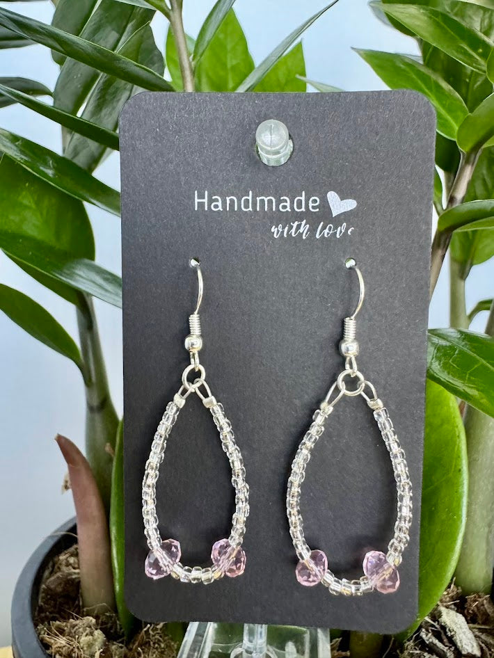 Pink and Clear Oval Hoop Earrings